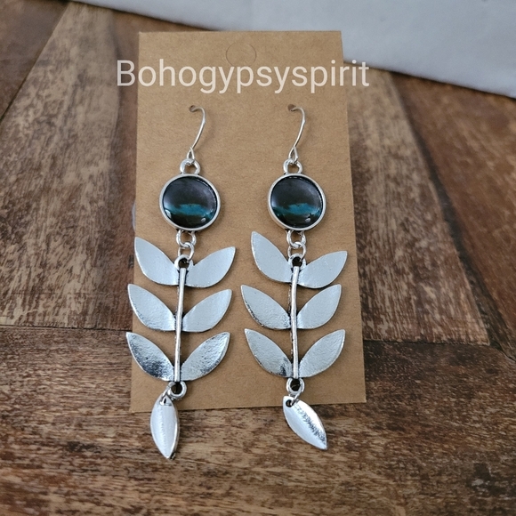 Boho Retro Leaf Dangle Drop  Earrings With Pine Stone - Picture 8 of 12